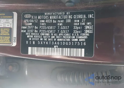 2013 Kia Sorento Lx из США, поврежденный, VIN 5XYKT3A61DG317516